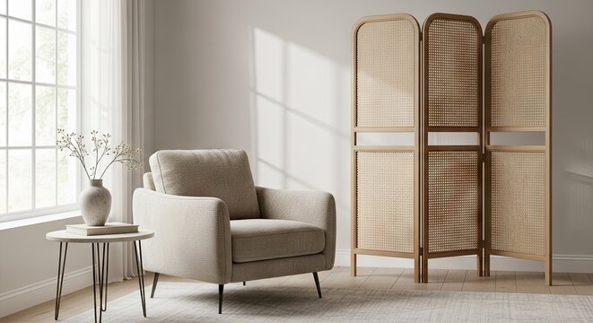 A comfortable beige armchair in a bright and airy living room with a side table and room divider