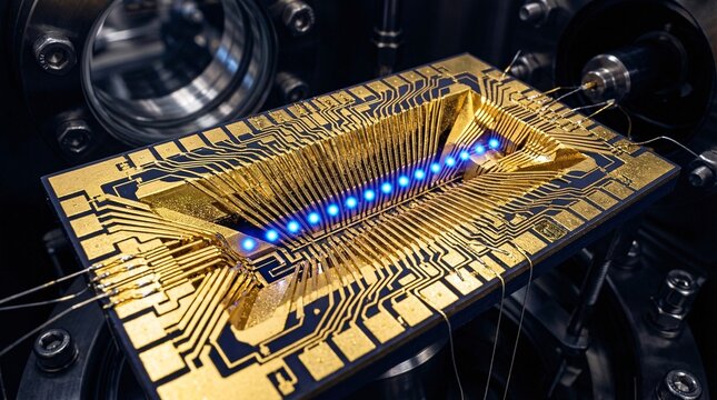 Quantum ion trap chip captures microscopic golden canyon structure hovering in a vacuum, holding a perfectly aligned string of glowing blue atomic ions.