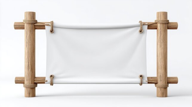 Blank White Canvas Banner Hanging on a Wooden Frame, Ideal for Mockups and Presentations