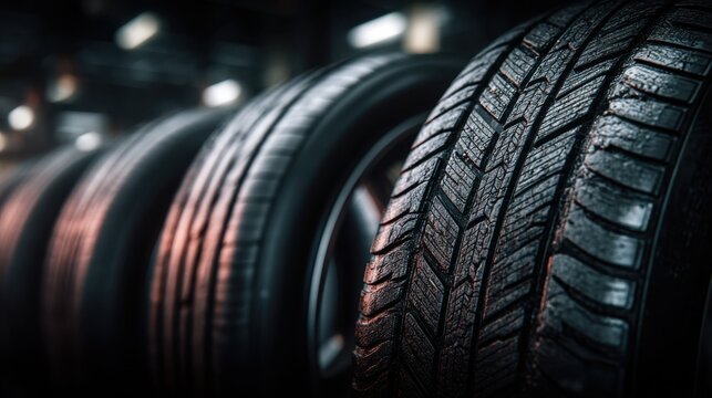 New Tire Tread Close-Up in Automotive Repair Shop for Car Safety and Maintenance
