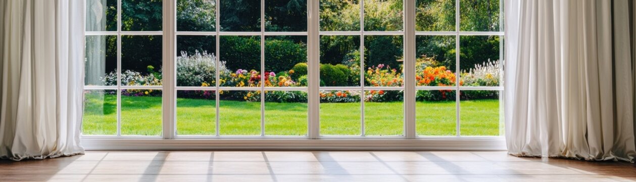 View from inside  room with white curtains framing  bright garden through  mullioned window