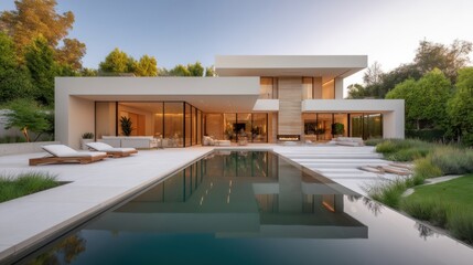 Fototapeta premium Modern Luxury Villa with Swimming Pool, Contemporary Architecture and Landscaped Garden at Sunset