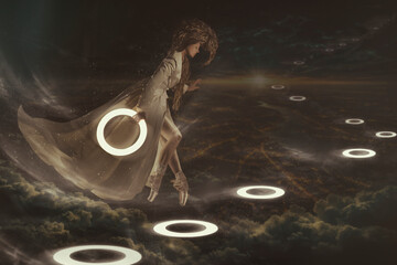 A celestial female creature with long hair, wearing a large luminous dress and ballet slippers, walking on circles of light in a starry night sky, with a view of the earth in the distance © ArtMood Visualz
