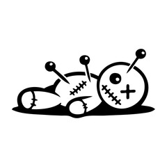 Logotipo magia negra. Dibujo sencillo con líneas de muñeco vudú tumbado con alfileres para tarjetas y felicitaciones de Halloween © teracreonte