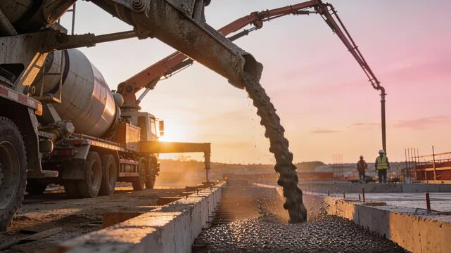Basement construction ongoing with mixed concrete under evening sky