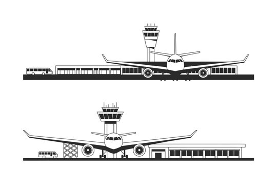 Airport terminal with airplanes and control tower