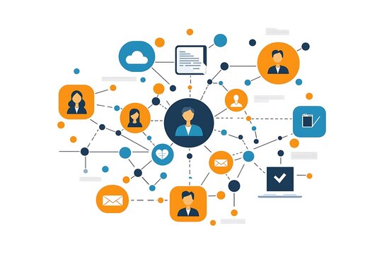 Network of human connections: An interconnected network, depicting human figures linked by digital pathways, symbolizing the intricacies of interpersonal connections and digital communication.