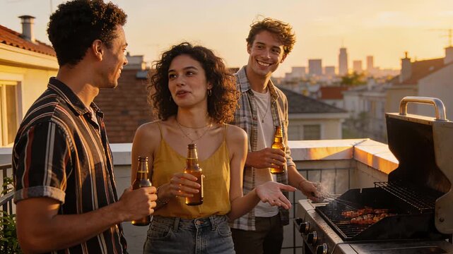 Casual friends celebrating with grilling and laughter on urban rooftop at dusk