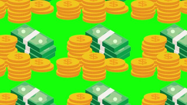 Cash and coin money paper with animated stack dollar vector icon. Business, finance, economic symbol. seamless pattern animation with green screen background template for design graphic resources