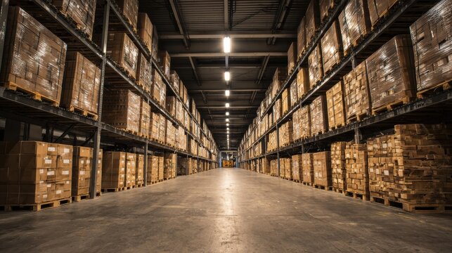 Industrial warehouse interior with tall pallet racking systems