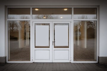 Fototapeta premium Modern Building Entrance with White Framed Double Doors and Glass Paneling for Commercial Use