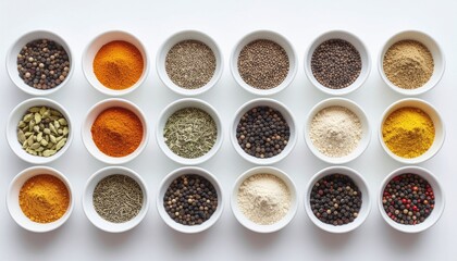 Fototapeta premium Assorted Spices in White Bowls on White Background