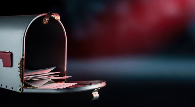 Open mailbox filled with letters on dark background. Symbol of investigation or secret communication in criminal case. Suspicious postal delivery, mystery and anonymous message concept.