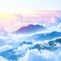 Naklejka premium A beautiful landscape view of light blue sky and clouds over mountain peaks at sunset with a foggy forest valley stretching toward the horizon