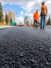 Fototapeta premium Road Construction Crew Working on Asphalt Pavement Laying and Repair in Urban Setting for Infrastructure Development
