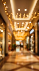 Obraz premium Blurred shopping mall interior with festive golden bokeh lights