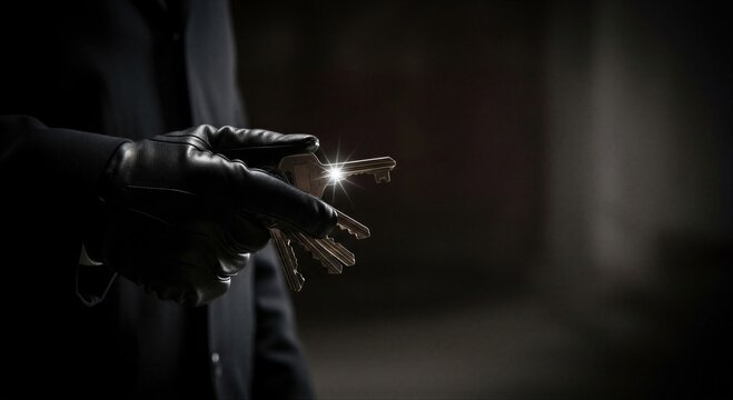 Thief wearing leather glove holding a bunch of metallic keys in dark room. Criminal burglar planning house entry. Suspicious character involved in felony and illegal break-in activity.