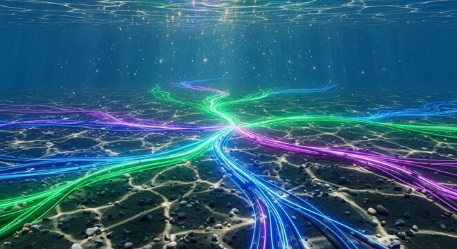 A Underwater scene showing critical data cable,conceptual 3D illustration of glowing fiber optic cables branching out across a dark seabed under deep blue water with shimmering light particles.