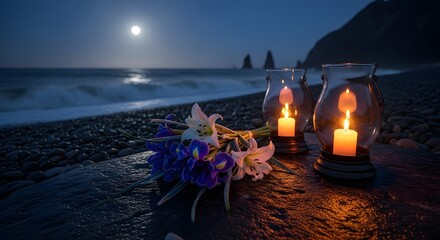 Romantic beach night with glowing candles and flower bouquet under full moon, serene ocean waves and dark coastal landscape, intimate love background with copy space for Valentine’s Day, wedding