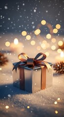 Christmas gift box with golden ribbon in snowy winter scene, glowing bokeh lights and festive atmosphere, elegant holiday background with copy space for greeting card, promotion, New Year and seasonal