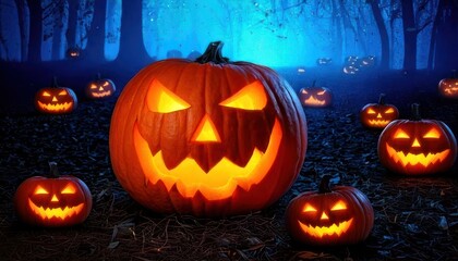 Fototapeta premium Spooky Halloween Night - Carved Pumpkins Glowing in the Dark Forest.