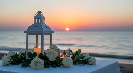 Romantic seaside sunset table with white lantern and flowers, elegant outdoor dining setup by ocean, warm golden hour background with copy space for wedding, anniversary, travel, hospitality
