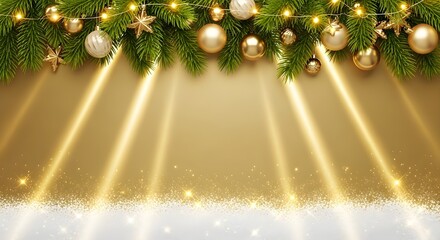 Luxury Christmas golden background with pine branches, ornaments and glowing light rays, festive holiday backdrop with copy space for banner, greeting card, promotion, winter celebration design