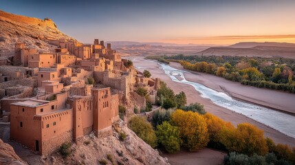 Obraz premium Kasbah Ait Benhaddou at Sunrise, Morocco, featuring ancient architecture, travel destination, and stunning desert landscape