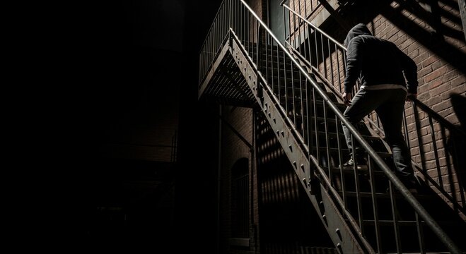 Man in hoodie climbing metal fire escape stairs in dark alley. Suspicious figure hiding in shadow at night. Criminal concept, clandestine activity, urban thriller mystery atmosphere.