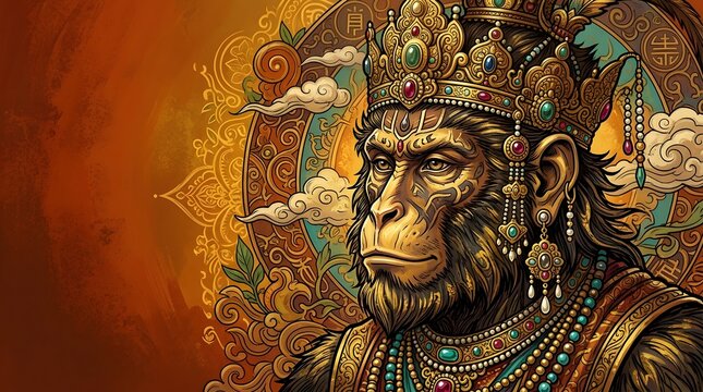 Ornate mythical monkey king in detailed fantasy illustration