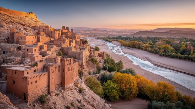 Kasbah Ait Benhaddou at Sunrise, Morocco, featuring ancient architecture, travel destination, and stunning desert landscape