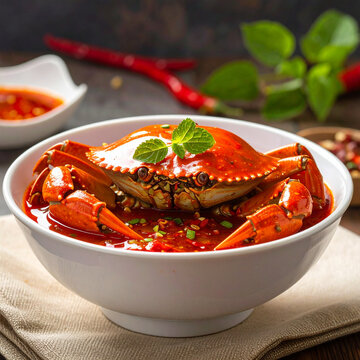 A delicious gourmet seafood dish featuring fresh grilled shrimp and red hot chili peppers served on a restaurant dinner plate
