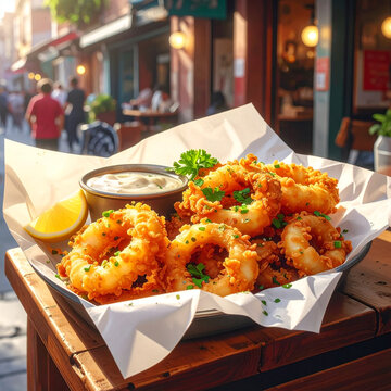 A delicious gourmet seafood dish featuring crispy fried shrimp and prawns served in a white bowl with fresh lemon and savory sauce for a healthy dinner appetizer