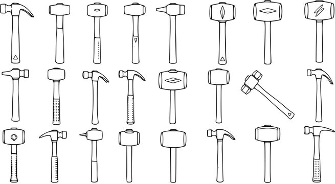 Diverse Set of Hand-Drawn Hammer Tools Vector Illustration: Line Art Collection of Various Mallets, Claw Hammers, and Sledgehammers