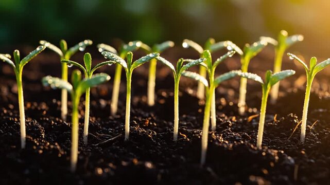 Green seedlings sprouting from dark soil in warm golden sunlight