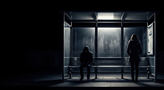 Criminal in hood sitting in dark bus stop with nervous woman standing nearby. Scary urban scene at night with shadow and rain. Concept of danger, crime, insecurity and suspense.