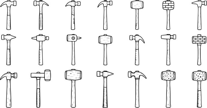 Collection of 21 different types of hammers and mallets, hand-drawn in black and white sketch style. Various tools for carpentry, construction, and DIY projects.