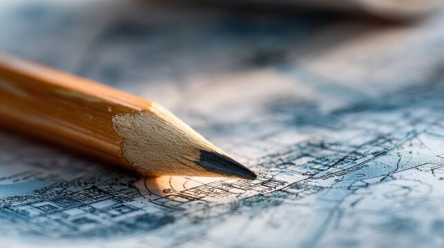 A sharpened wooden pencil resting on an architectural blueprint