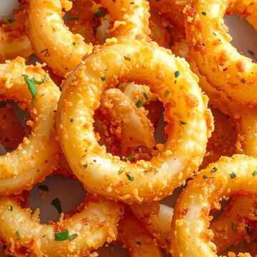 Crispy fried chicken nuggets, wings, and deep fried shrimp served on a plate with golden onion rings and squid as a delicious seafood appetizer dish