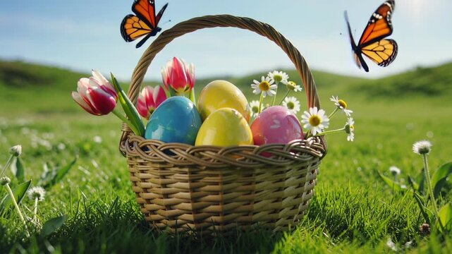 Colorful Easter eggs in a woven basket surrounded by blooming flowers and butterflies fluttering in a sunny green meadow, creating a vibrant spring scene