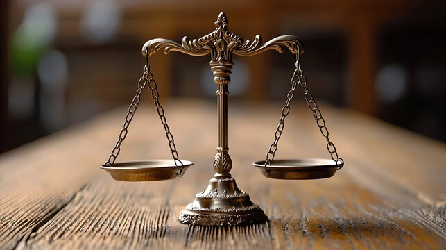 Balance and Justice: The scales of justice, a symbol of fairness and impartiality, rest on a wooden table, representing the weight of decisions and the pursuit of truth.