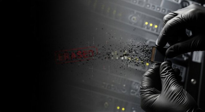 Hacker wearing glove holding memory card showing digital data erasure. Cyber crime concept of secret file deletion from server. Unauthorized information destruction and privacy breach.