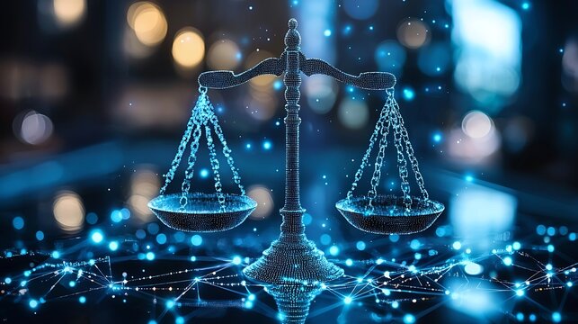 Digital Justice: A captivating image of a balance scale, representing law and order, is overlaid with a network of digital connections.