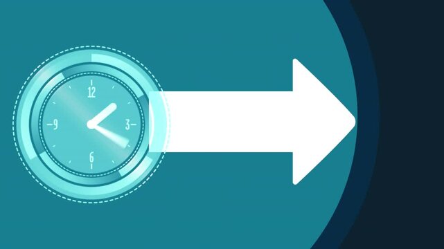 Animation of moving clock and arrow over blue background changing into black with constellations