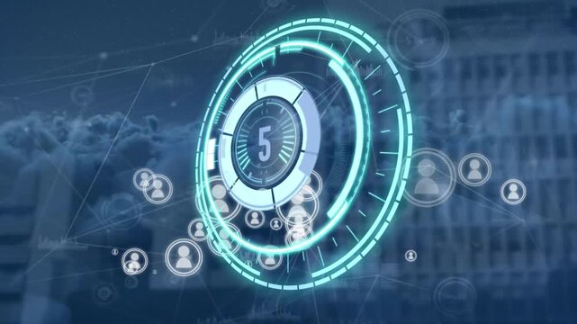 Animation of processing circle with counting over data and icons over clouds