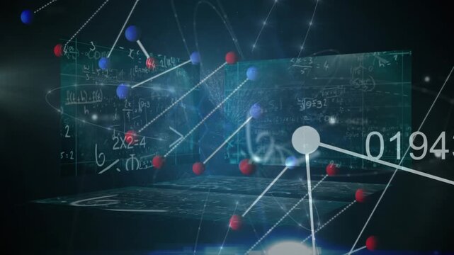 Animation of dna and scientific data processing on screens on black background