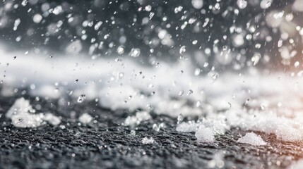 Obraz premium Melting snow turning into rain on asphalt road. Spring transition with freezing liquid precipitation. Climate change and weather environmental shift. Seasonal thaw background.