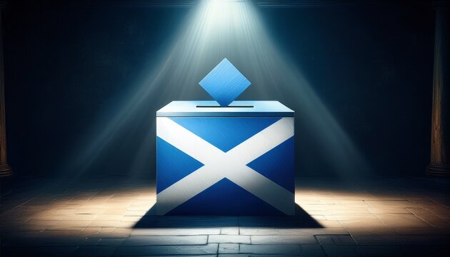 a light shining on a scotland flag voting box in the dark