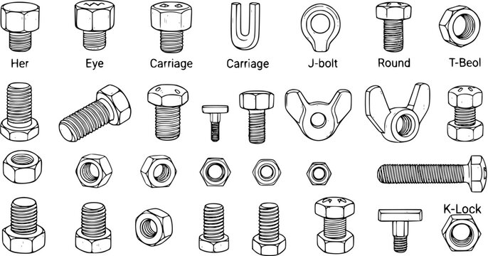 Line Art Illustration of Various Bolts, Nuts, and Fasteners Collection