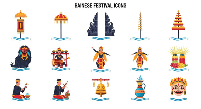 Balinese Festival Cultural Icons Set.